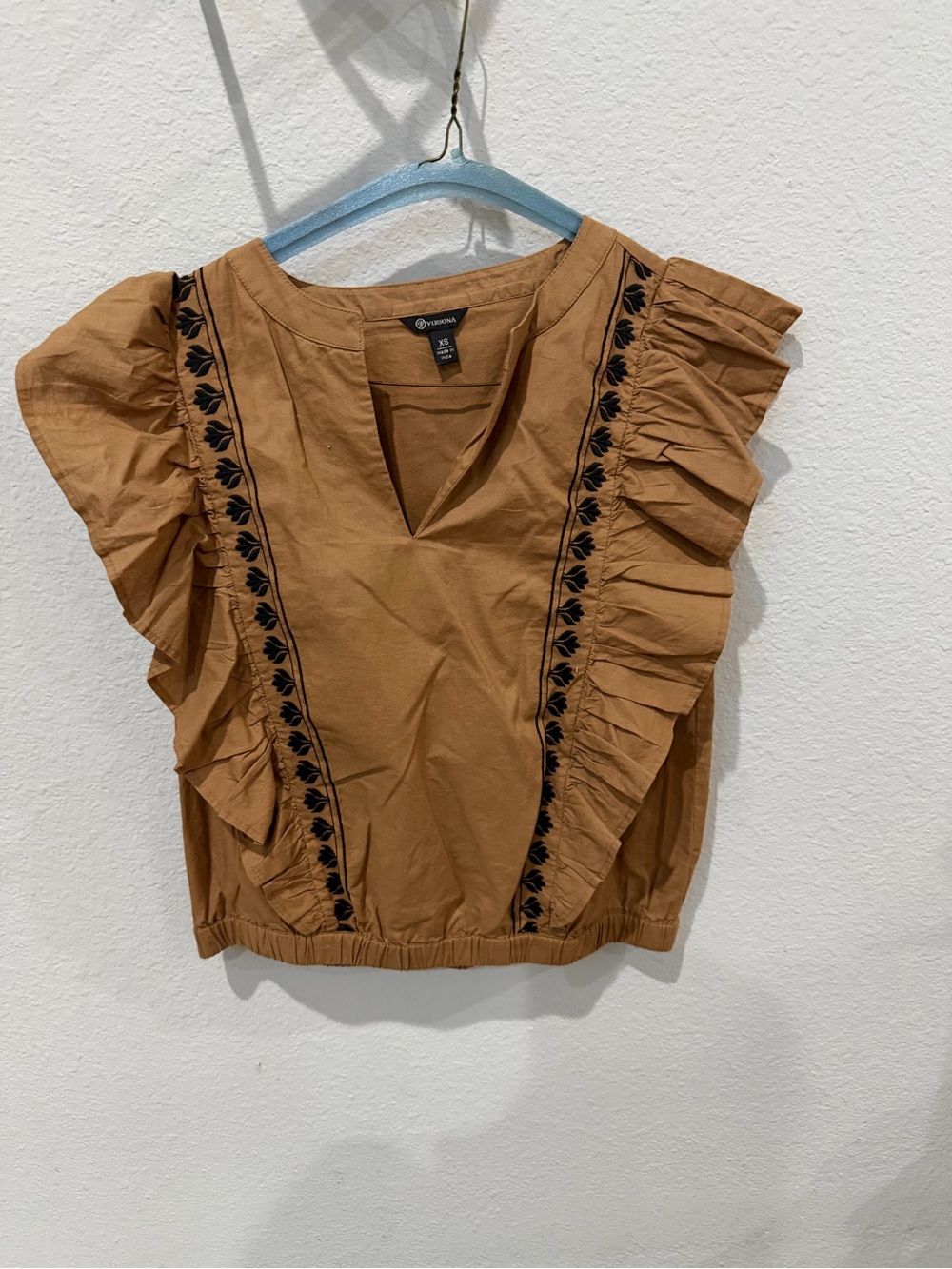 Versona Tan Ruffle-Sleeve Top with Black Embroidery